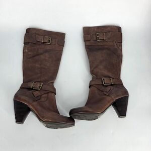 Arturo Chiang Leather Knee High Boots 8.5M Brown Block Heel Buckle Straps